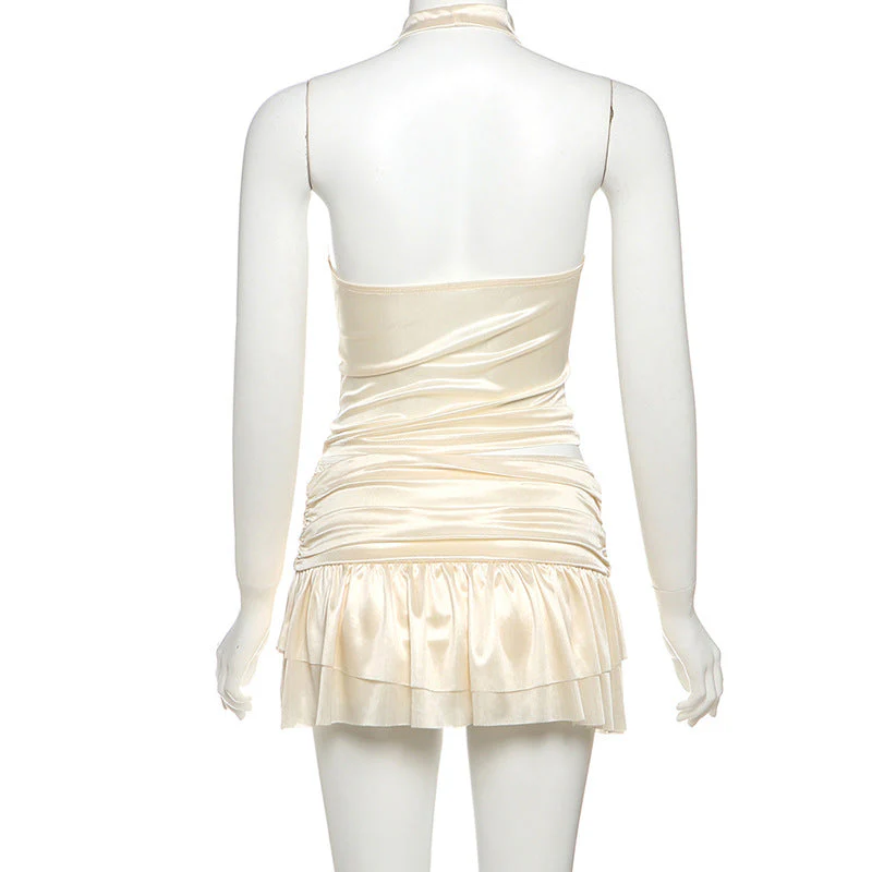 Cowl neck ruched halter ruffle mini skirt set - Image 5