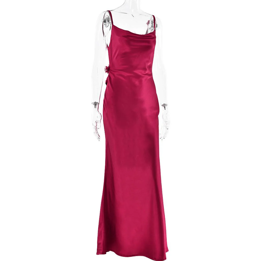 Cowl neck satin flower applique backless cami maxi dress - Image 10
