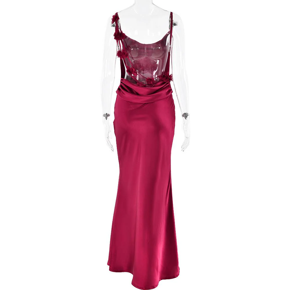 Cowl neck satin flower applique backless cami maxi dress - Image 6