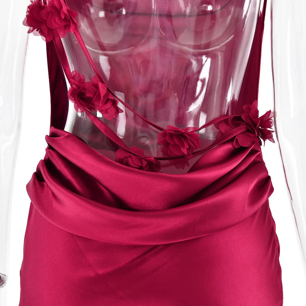 Cowl neck satin flower applique backless cami maxi dress - Image 8