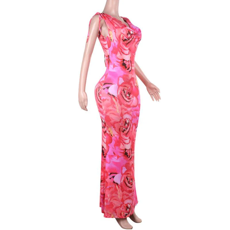 Cowl neck self tie flower print backless maxi dress - Image 3