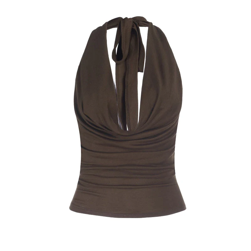 Cowl neck self tie halter metal chain backless top