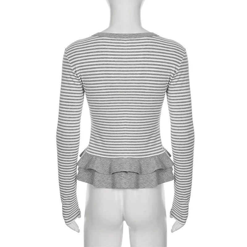 Crewneck button long sleeve ruffle striped top - Image 6