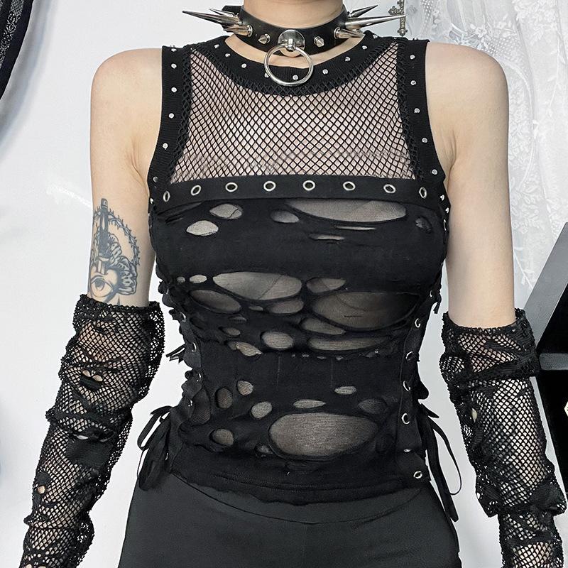 Crewneck fishnet buckle hollow out lace up tank top