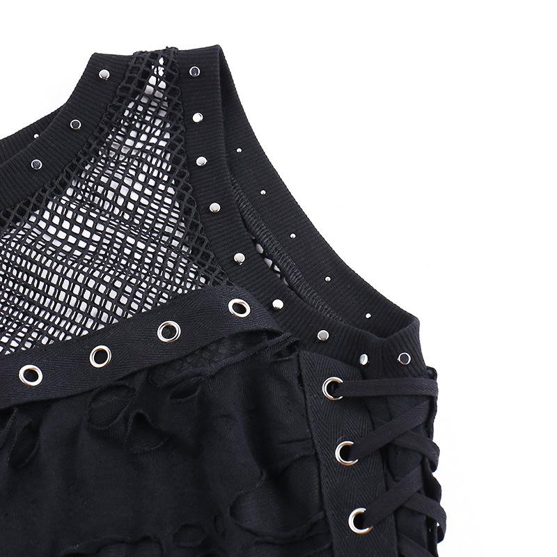 Crewneck fishnet buckle hollow out lace up tank top - Image 10