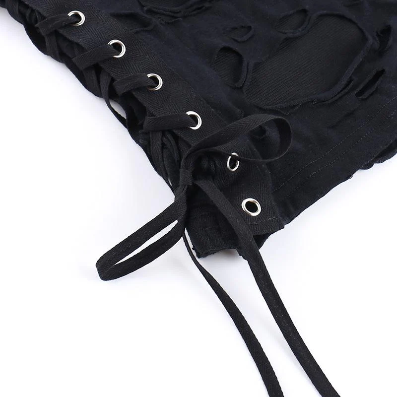 Crewneck fishnet buckle hollow out lace up tank top - Image 11