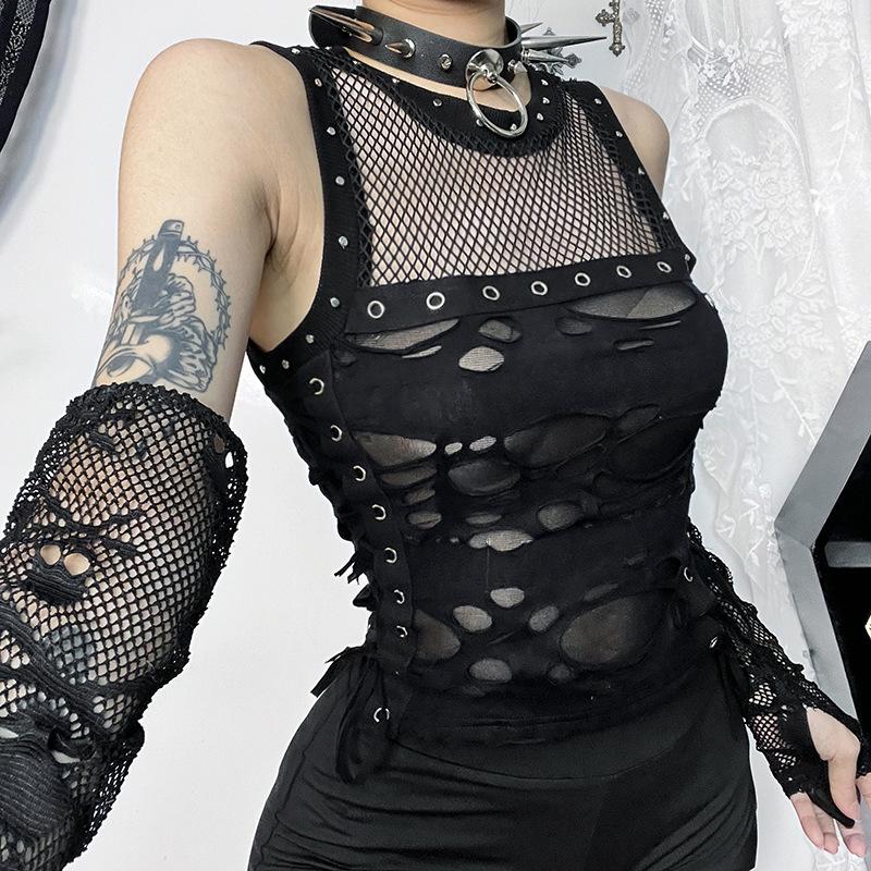 Crewneck fishnet buckle hollow out lace up tank top - Image 3