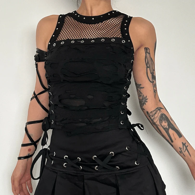 Crewneck fishnet buckle hollow out lace up tank top - Image 4