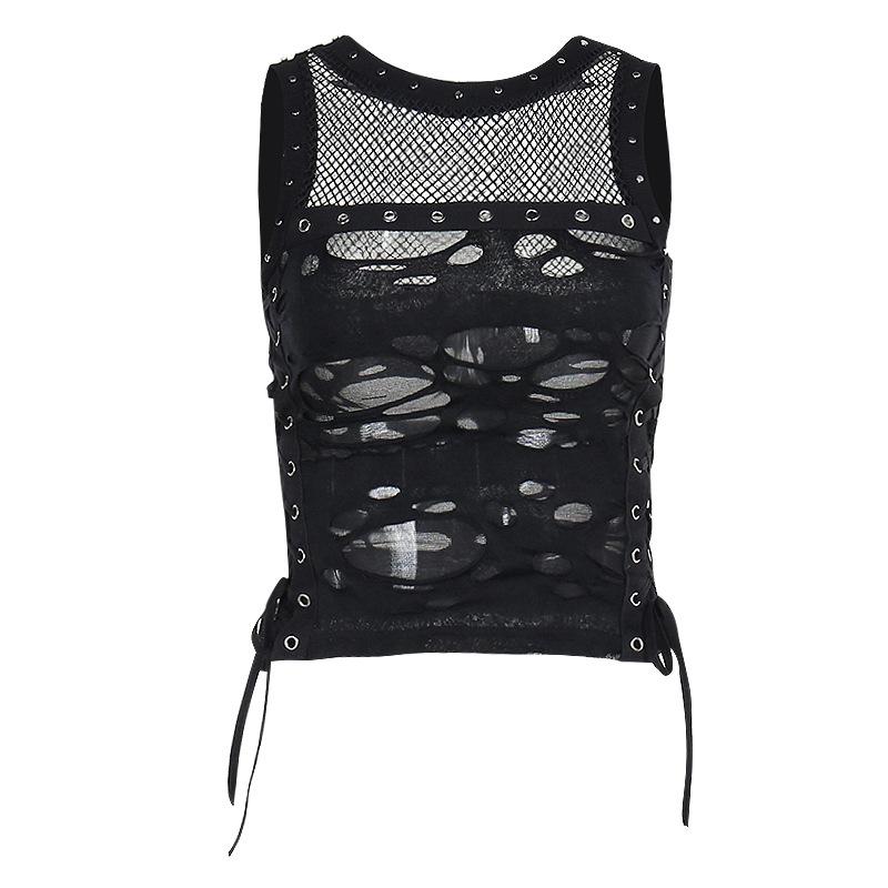 Crewneck fishnet buckle hollow out lace up tank top - Image 6