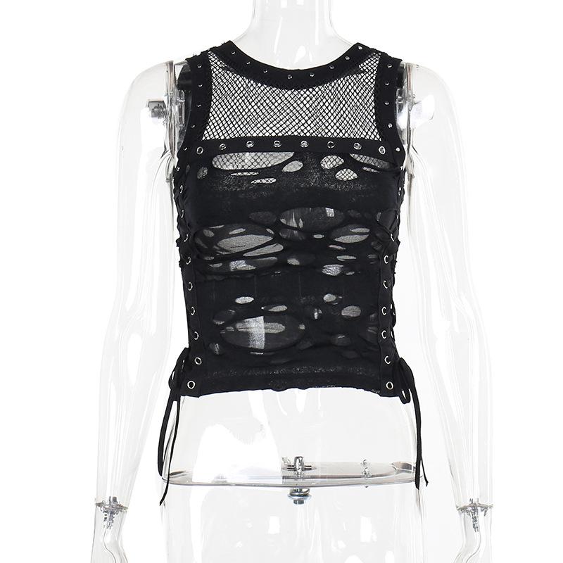 Crewneck fishnet buckle hollow out lace up tank top - Image 7