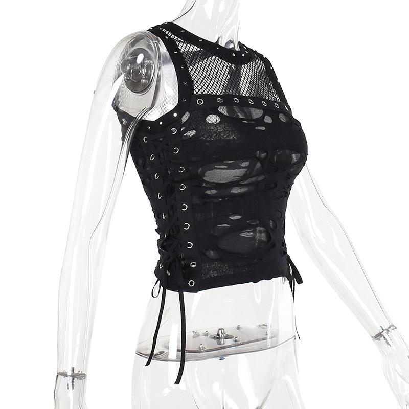 Crewneck fishnet buckle hollow out lace up tank top - Image 8