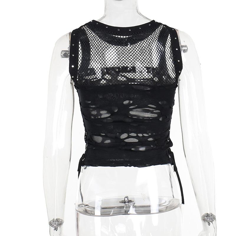 Crewneck fishnet buckle hollow out lace up tank top - Image 9