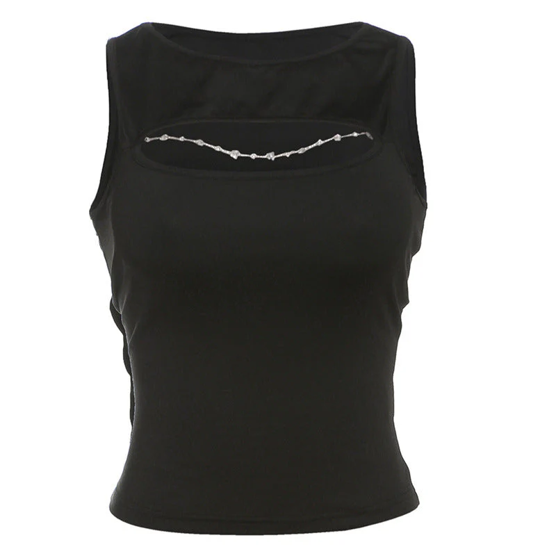 Crewneck hollow out metal chain solid top