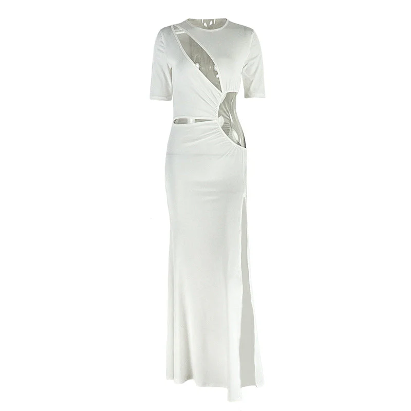 Crewneck hollow out slit long sleeve maxi dress