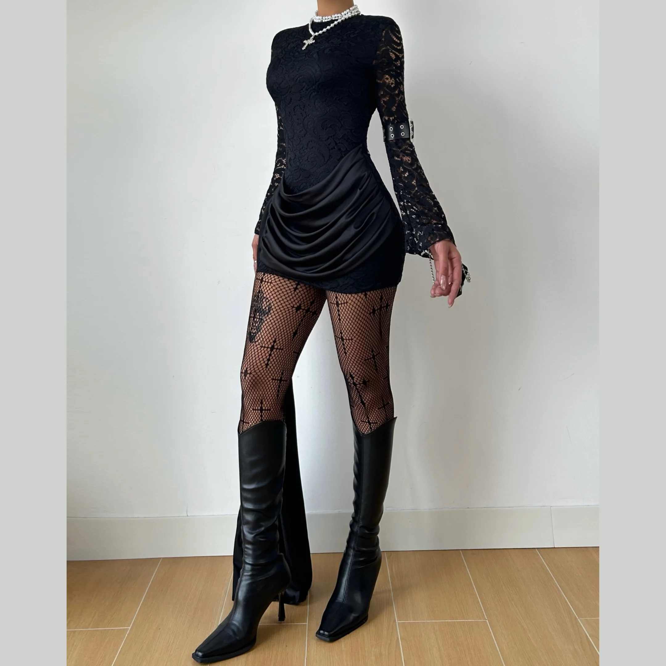 Crewneck long sleeve irregular ruched lace mini dress - Image 2