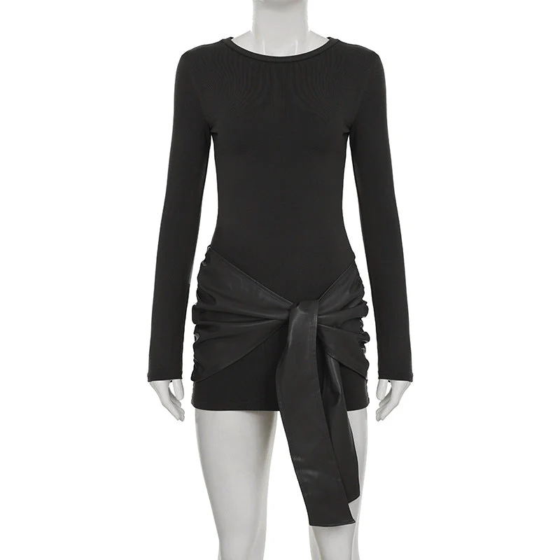 Crewneck long sleeve PU leather solid mini dress - Image 3