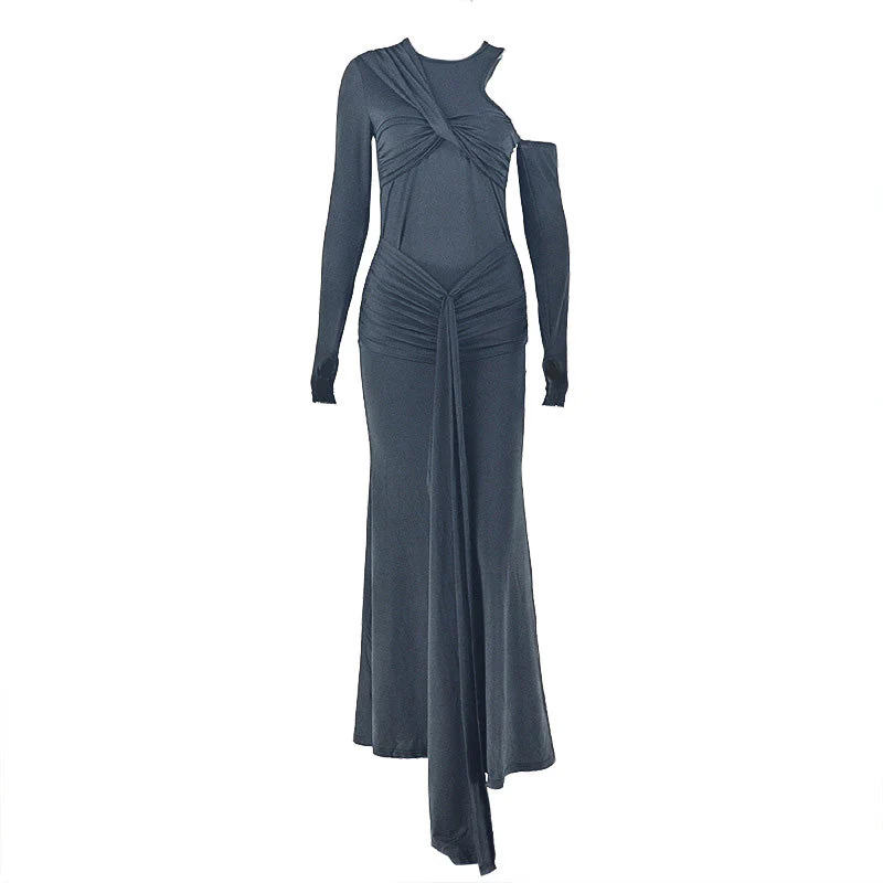 Crewneck long sleeve ruched hollow out maxi dress - Image 2