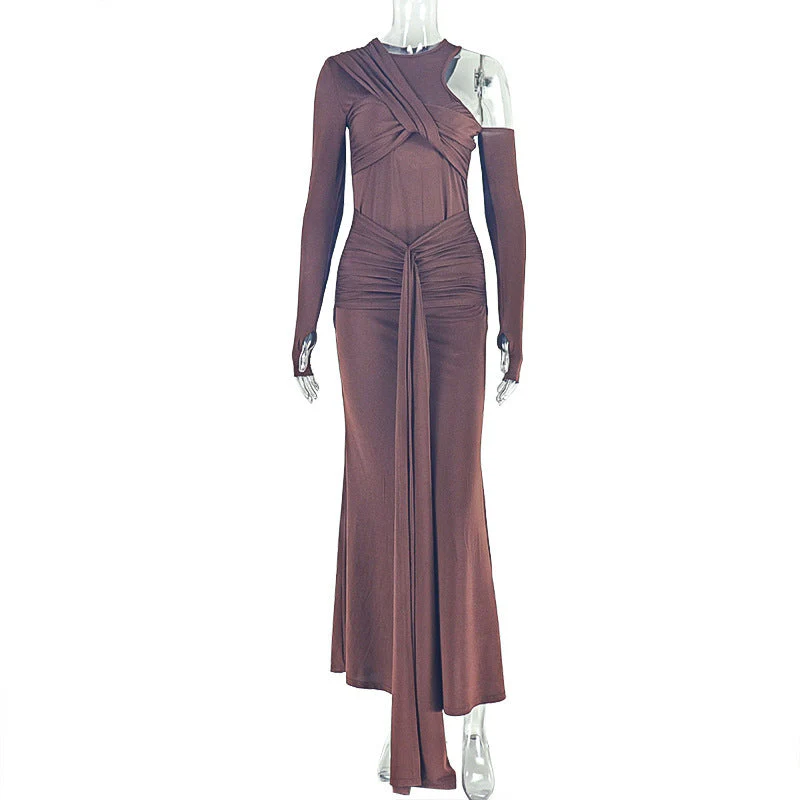Crewneck long sleeve ruched hollow out maxi dress - Image 3