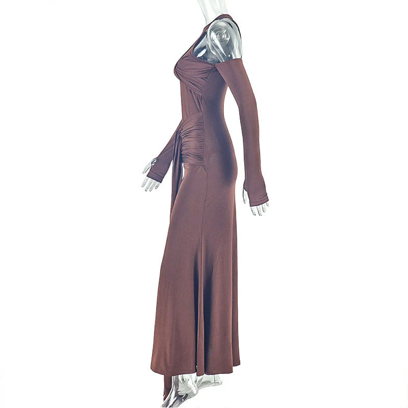 Crewneck long sleeve ruched hollow out maxi dress - Image 4