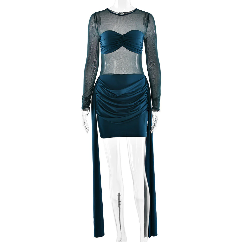 Crewneck long sleeve ruched mesh mini dress - Image 11