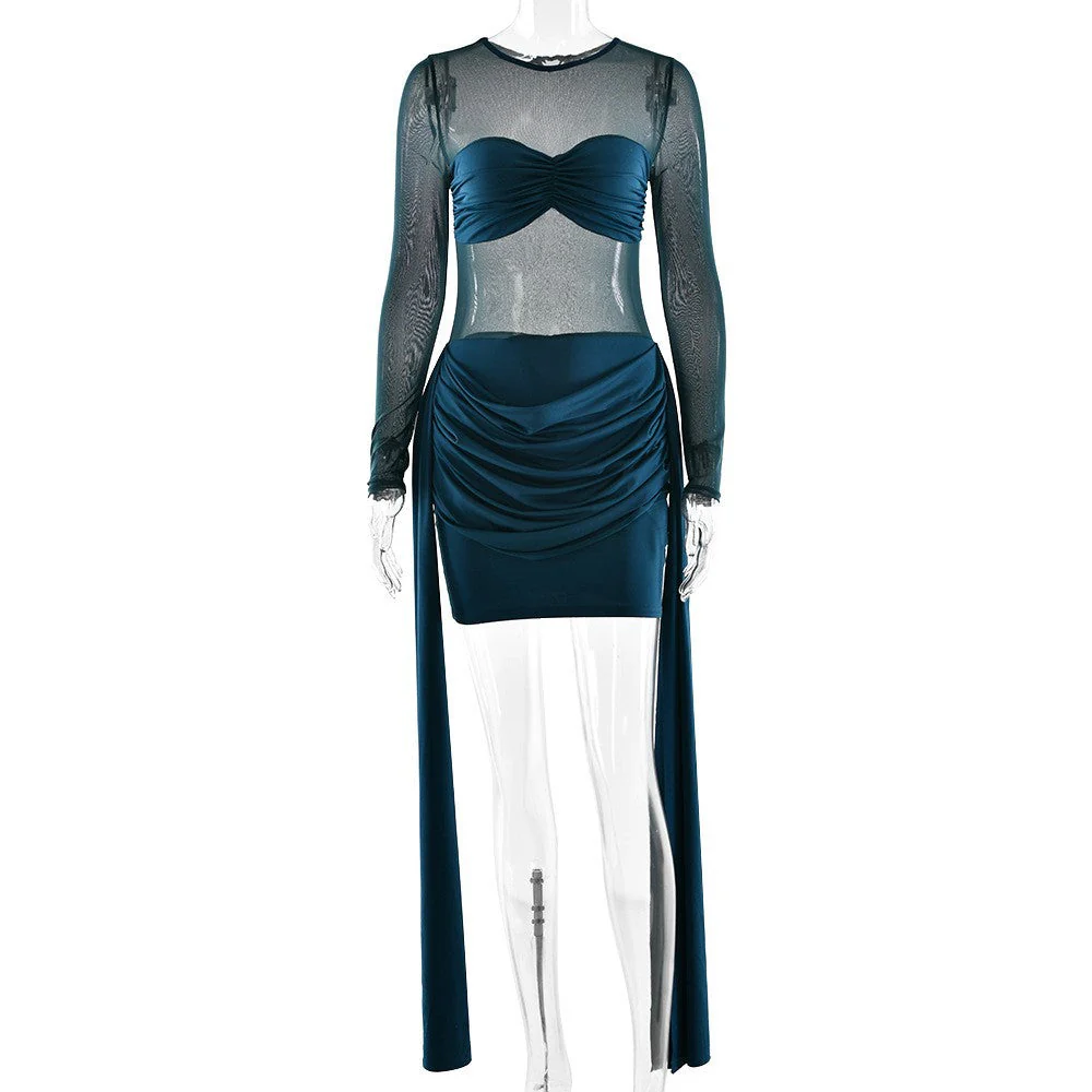 Crewneck long sleeve ruched mesh mini dress - Image 4