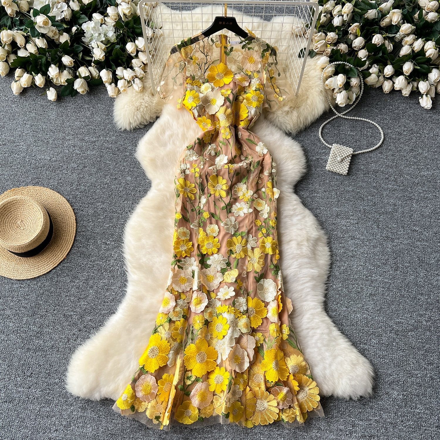 Crewneck short sleeve flower embroidery zip-up maxi dress - Image 2