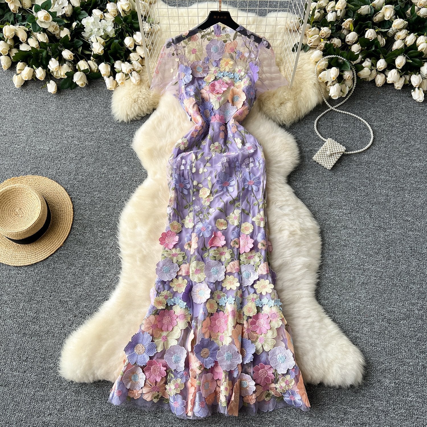 Crewneck short sleeve flower embroidery zip-up maxi dress - Image 3