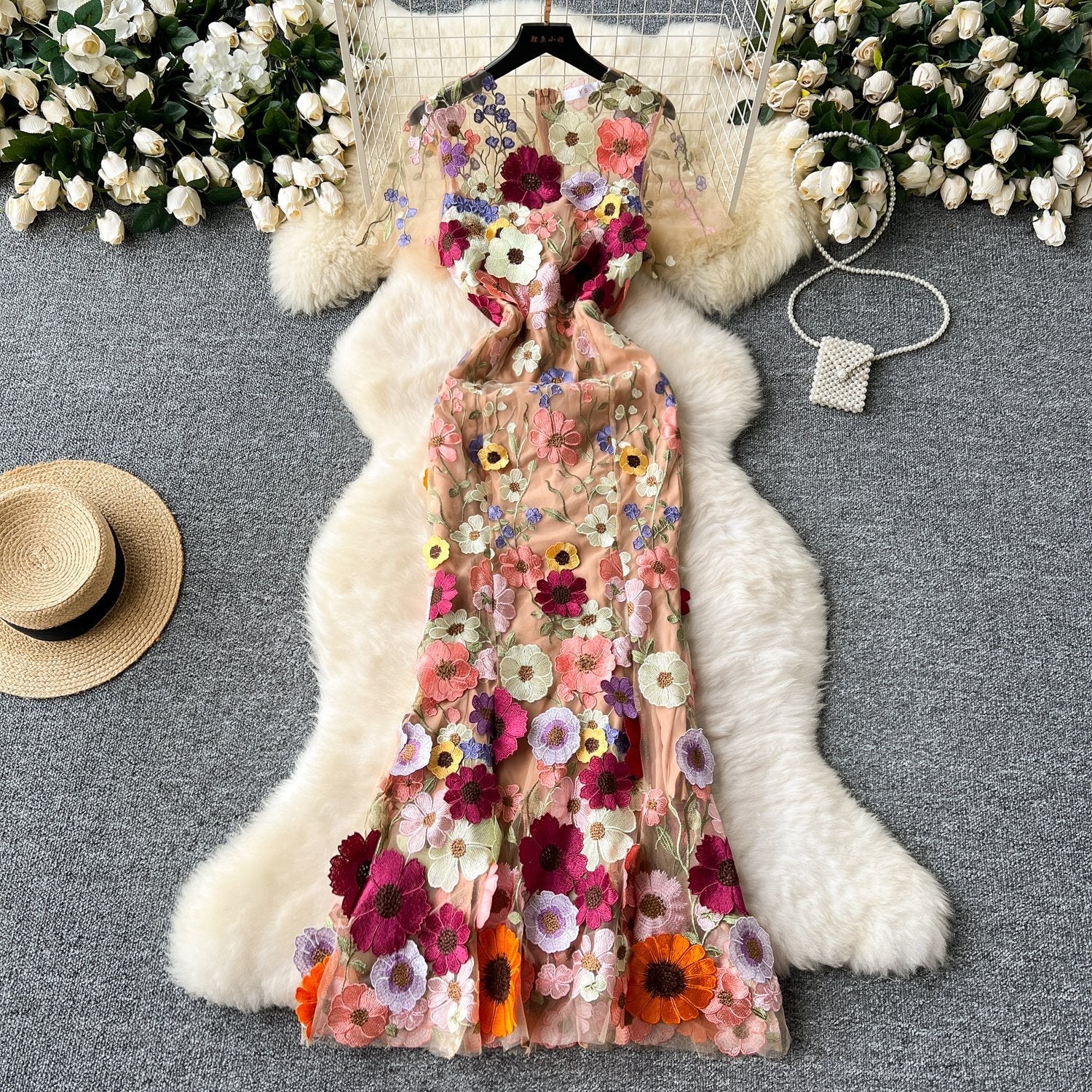 Crewneck short sleeve flower embroidery zip-up maxi dress - Image 4