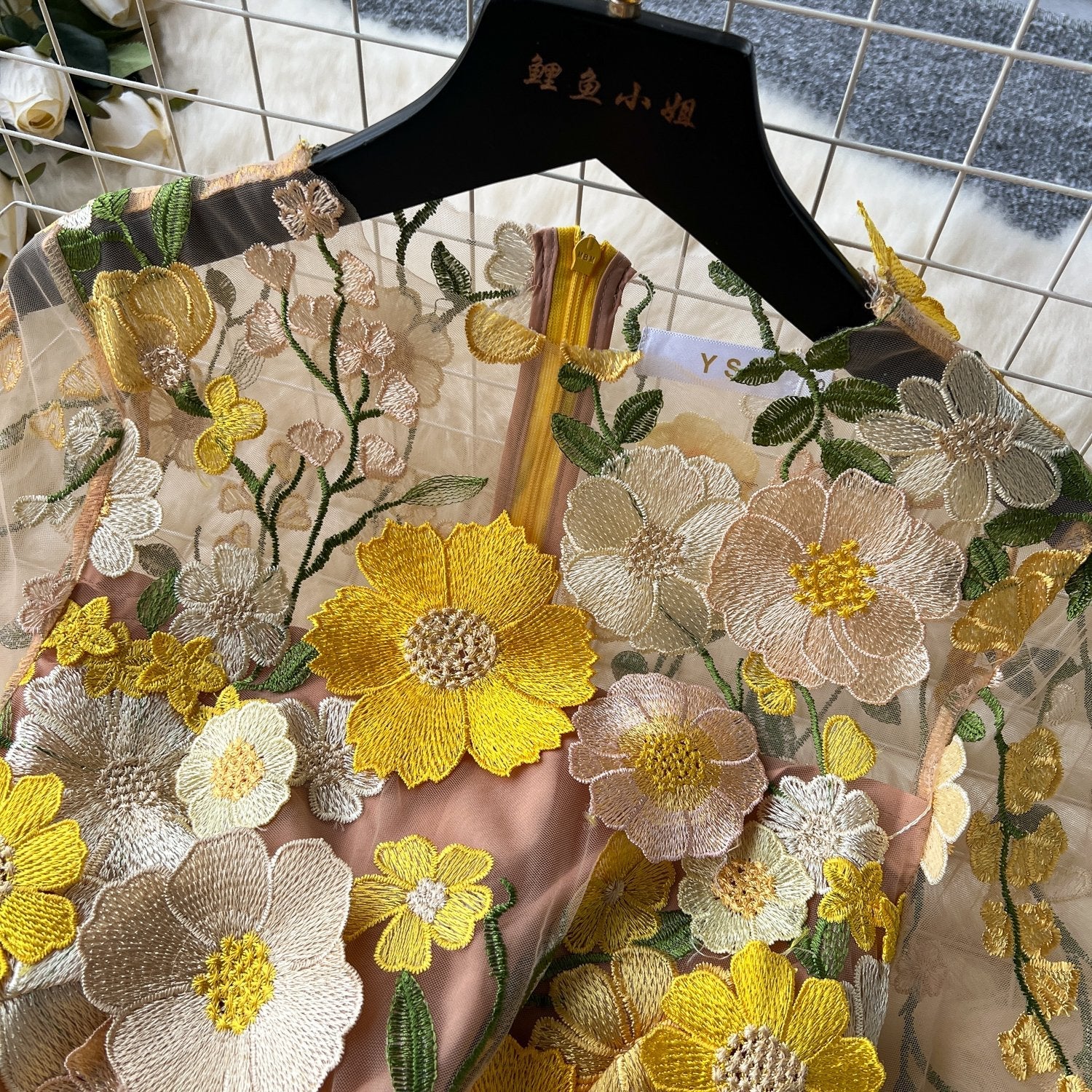 Crewneck short sleeve flower embroidery zip-up maxi dress - Image 5
