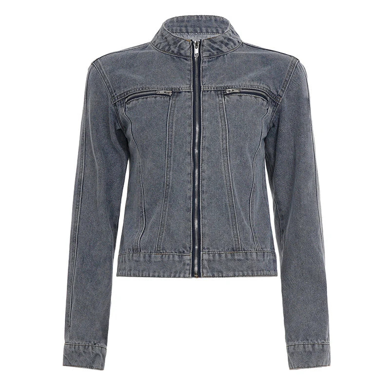Crewneck zip-up long sleeve denim top