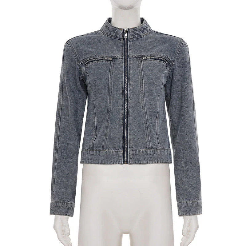 Crewneck zip-up long sleeve denim top - Image 2
