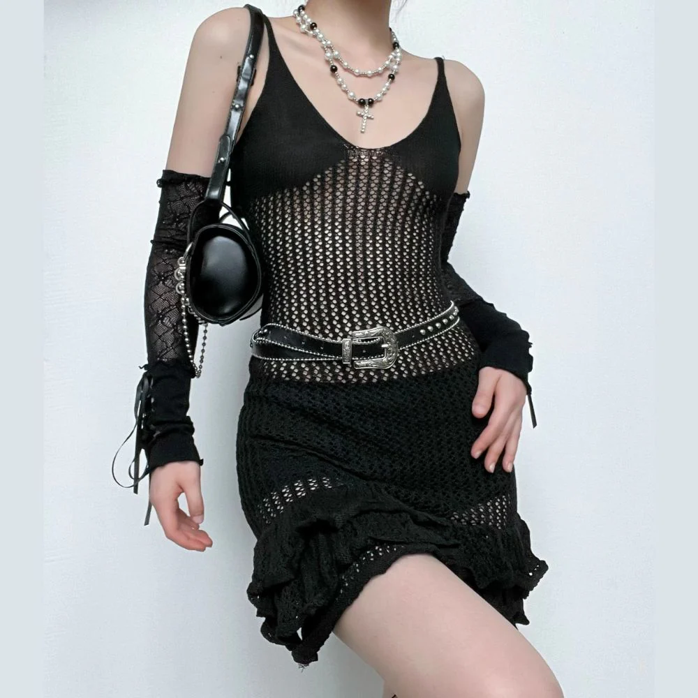 Crochet v neck sleeveless hollow out ruffle mini dress