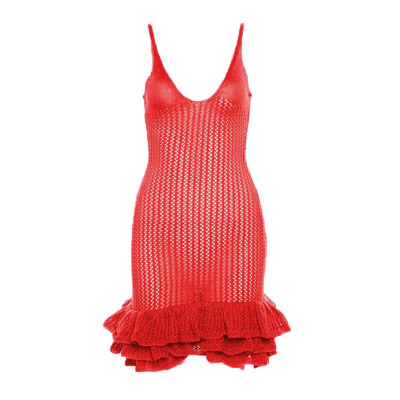 Crochet v neck sleeveless hollow out ruffle mini dress - Image 15