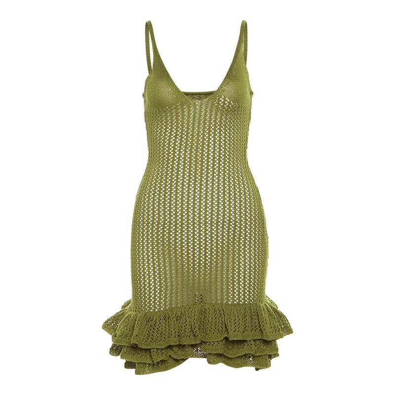 Crochet v neck sleeveless hollow out ruffle mini dress - Image 2
