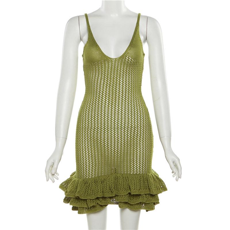 Crochet v neck sleeveless hollow out ruffle mini dress - Image 3