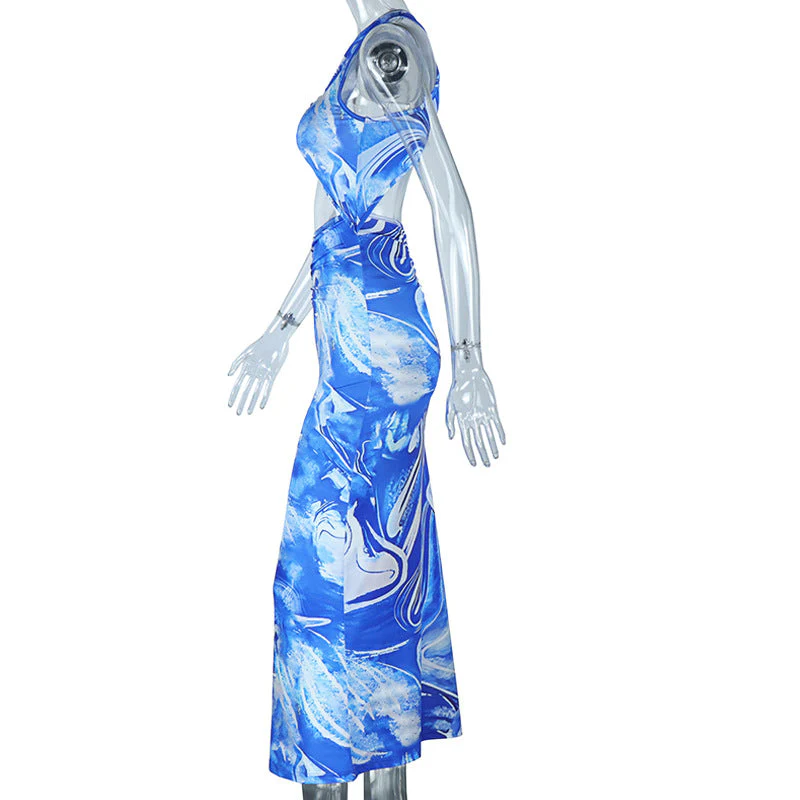 Cross back hollow out ruched print maxi dress - Image 3