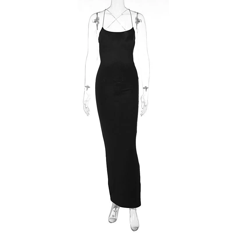 Cross back lace up square neck backless self tie slit maxi dress - Image 2