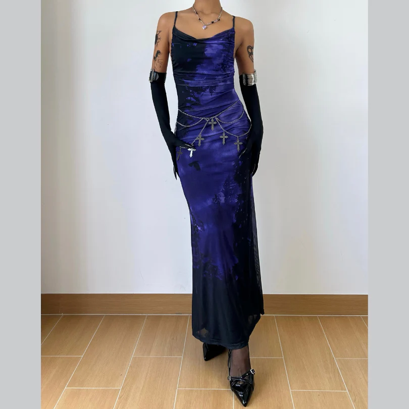 Cross back print ruched cowl neck cami maxi dress - Image 2