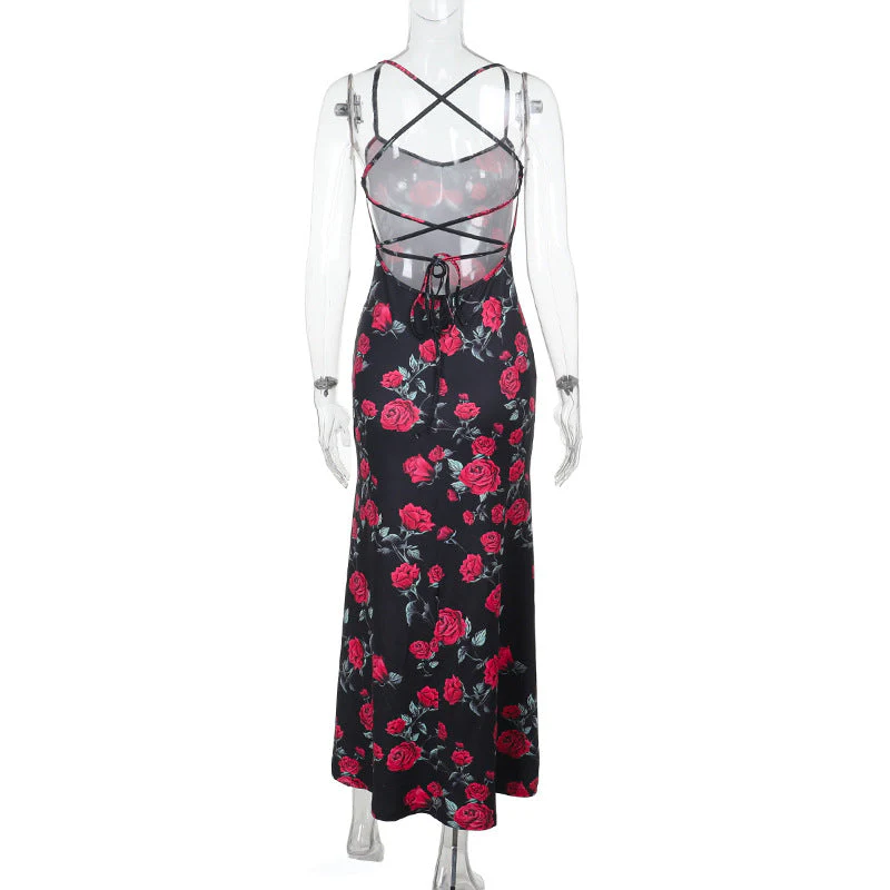 Cross back self tie flower print v neck cami maxi dress - Image 5