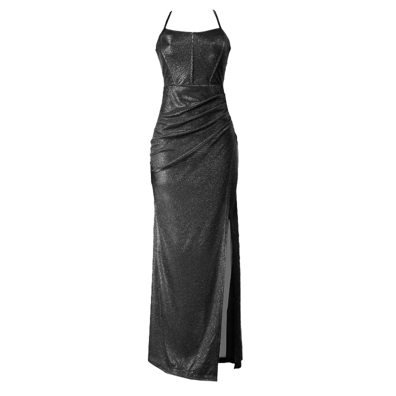 Cross back self tie ruched zip-up slit cami maxi dress - Image 2