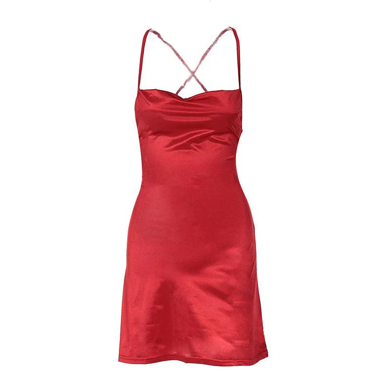 Cross back solid satin cowl neck lace up self tie backless mini dress - Image 10