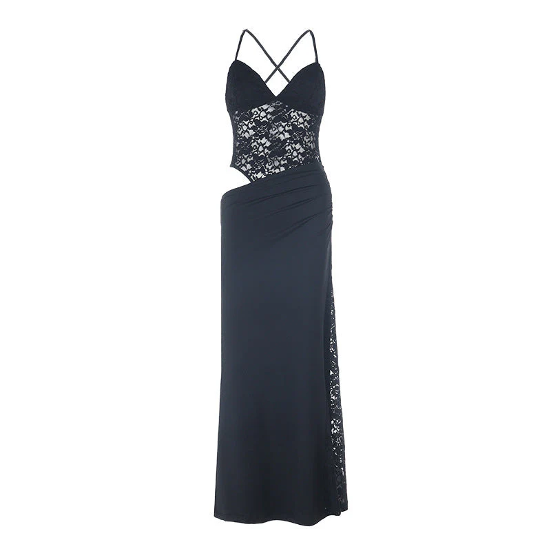 Cross back v neck lace hollow out cami maxi dress