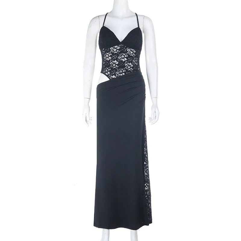 Cross back v neck lace hollow out cami maxi dress - Image 2