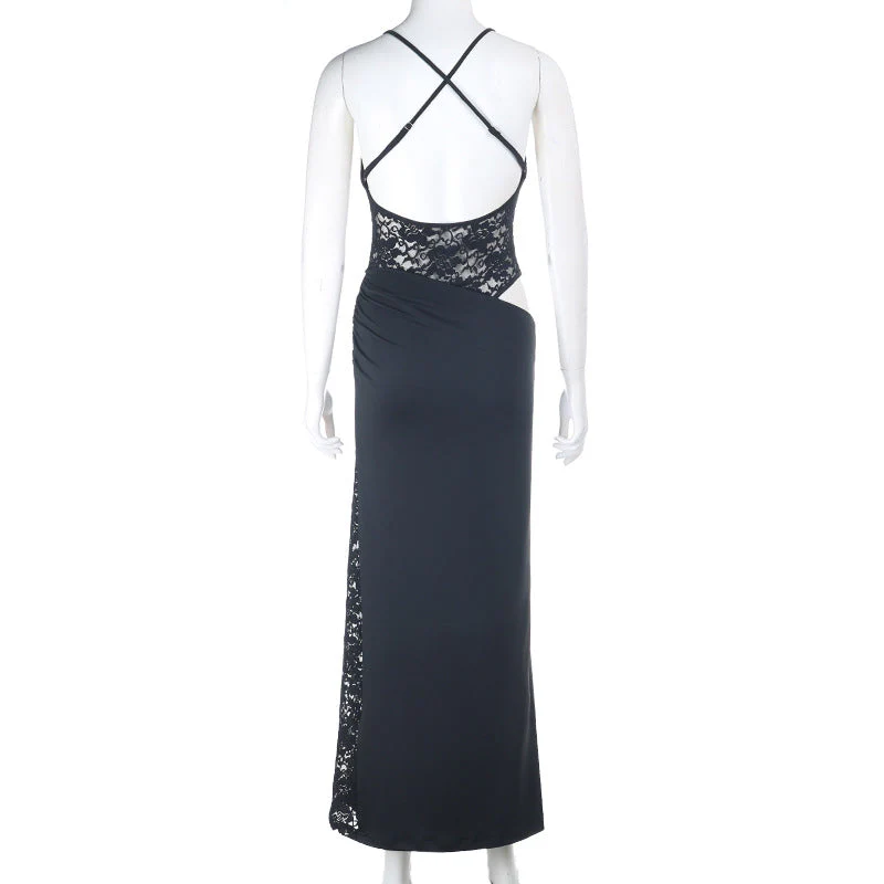 Cross back v neck lace hollow out cami maxi dress - Image 4