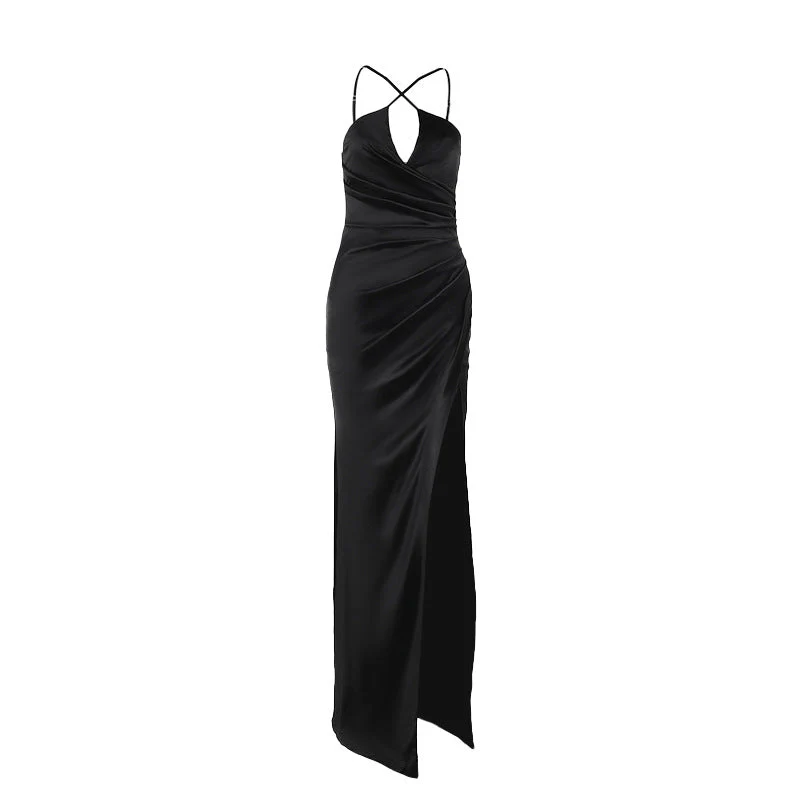 Cross front ruched high slit cami maxi dress