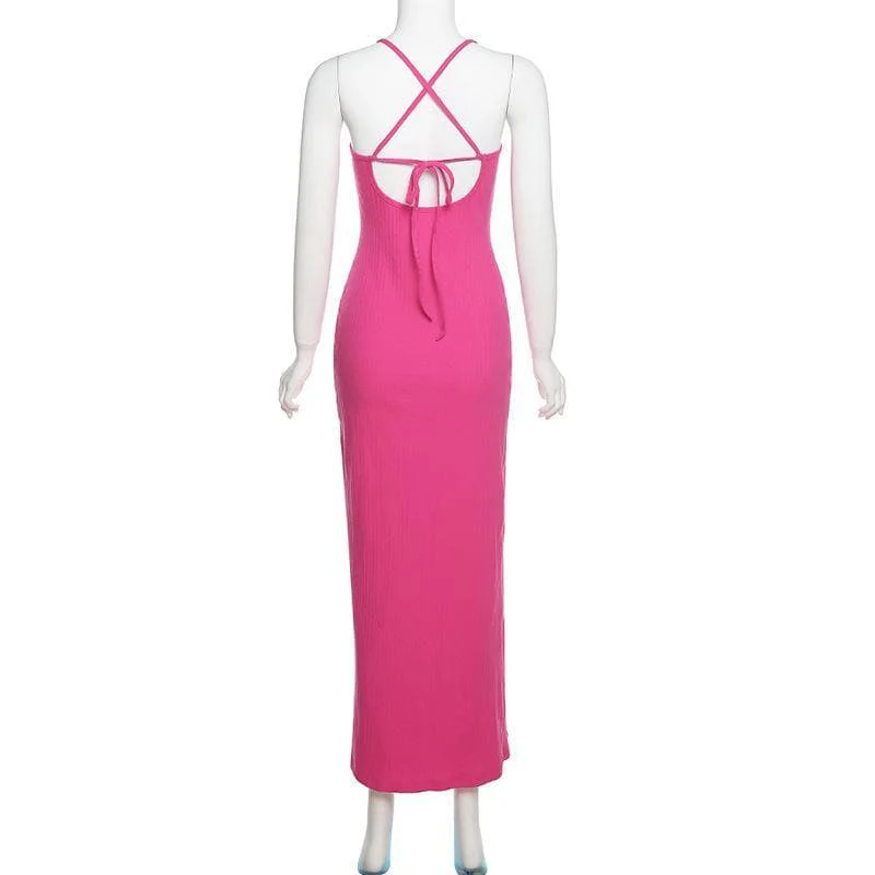 Cross open back hollow out slit ribbed maxi dress - Image 4
