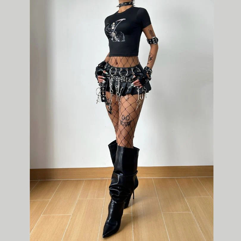 Death skeleton print slant pockets Baby Tee - Image 3