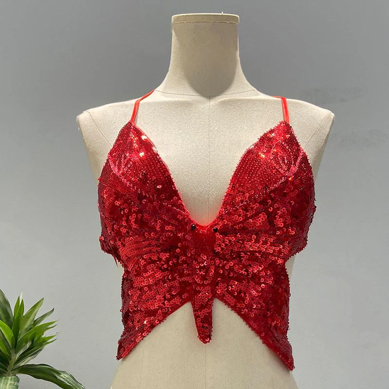 Deep V neck glitter cross back self tie cami top - Image 2