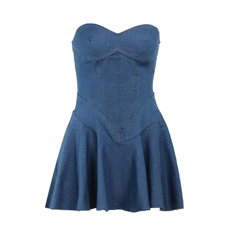 Denim sweetheart neck stitch ruched tube mini dress