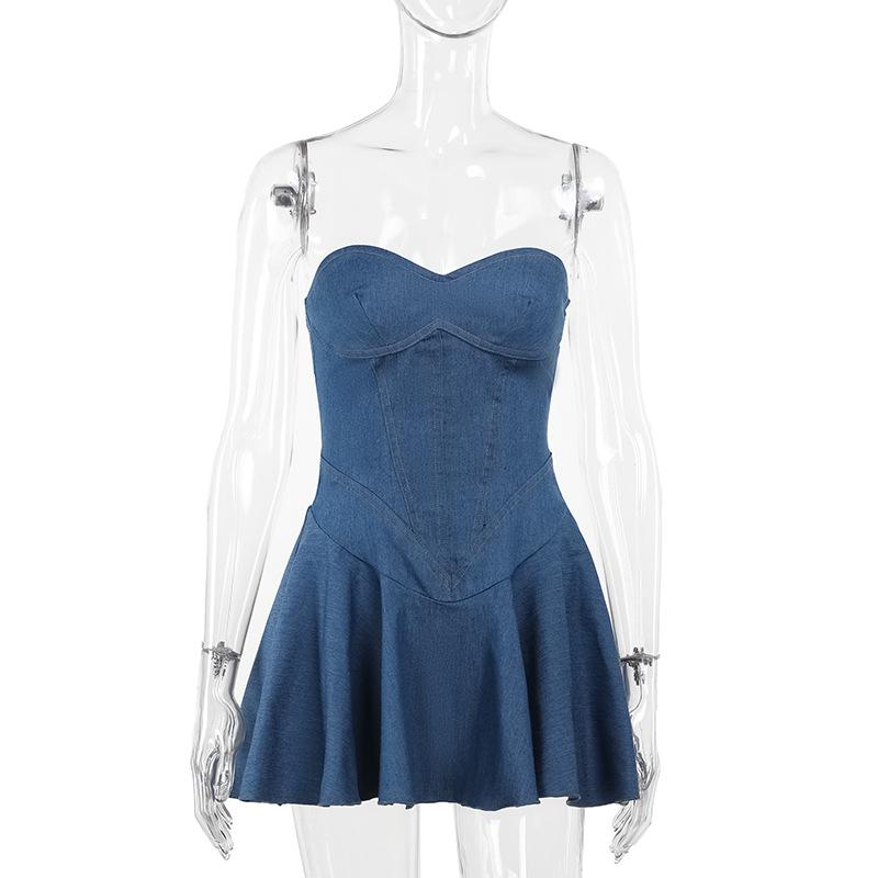 Denim sweetheart neck stitch ruched tube mini dress - Image 2